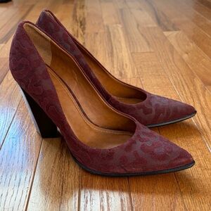 Burgundy Suede Patterned Chunky Heels
